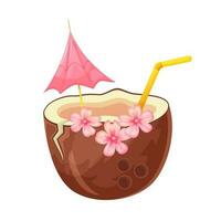 kokosnoot cocktail met roze bloemen en rietje. kokosnoot drinken in tekenfilm stijl. vector illustratie geïsoleerd Aan wit.