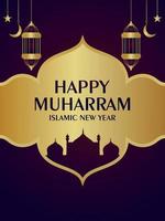 gelukkige muharram viering partij poster met gouden lantaarn vector