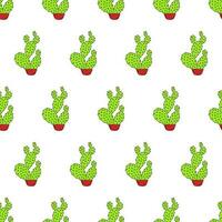 naadloos patroon met gekleurde cactussen in potten met schets, opuntia microdasys vector