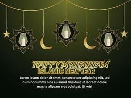 prachtig islamitisch nieuwjaar met realistische gouden lantaarn en maan vector