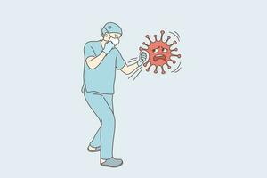 coronavirus, vechten, infectie, bescherming concept. jong Mens dokter tekenfilm karakter in medisch gezicht masker raken of boksen 2019-nCoV virus. worstelen tegen covid19 pandemisch ziekte illustratie. vector