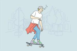 skateboarden, sport, recreatie, hobby concept. oud Mens ensioner senior inwoner tekenfilm karakter rijden skateboard luisteren muziek- en het uitvoeren van trucs. actief zomer extreem levensstijl illustratie vector