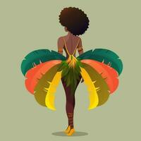 achterzijde visie van veer hoofdtooi vervelend braziliaans vrouw karakter in staand houding Aan pastel groen achtergrond. carnaval of samba dans concept. vector