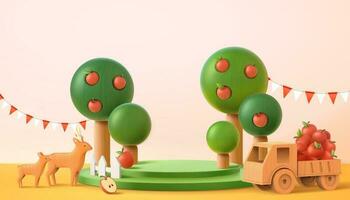 stadium voor weergeven Product in 3d illustratie. groen podium met appel bomen, houten herten en klein vrachtauto vol van vers appels vector