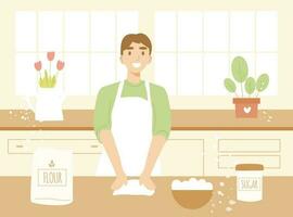 glimlachen jong Mens in schort Koken toetje in de keuken en kneedt de deeg Aan de tafel. schattig vlak tekenfilm vector illustratie