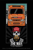 schedel het rijden oranje vrachtauto illustratie met een zwart achtergrond vector