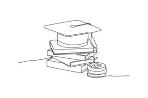 doorlopend een lijn tekening stapel van boeken, diploma uitreiking pet, en geld. financieel geletterdheid concept single lijn tekening ontwerp grafisch vector illustratie