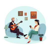 Mens en vrouw zittend Aan de sofa en spelen gitaar in de leven kamer. vlak vector illustratie.