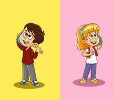 kinderen meisje en jongen pratend Aan een mobiel cel slim telefoons. vlak stijl karakter vector illustratie geïsoleerd Aan kleurrijk achtergrond.
