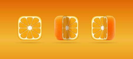 reeks van geïsoleerd vector pictogrammen van plein besnoeiing oranje mandarijn. 3d tekenfilm illustratie van sappig rijp mandarijn voor citrus sap verpakking, vegetarisch eco natuurlijk voedsel op te slaan, logo, mobiel app