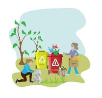 eco vriendelijk mensen vuilnis verzamelaar.man met afval.mensen soort vuilnis door type in containers voor recyclen. ecologie concept. vlak vector illustratie. zorg vuilnis scheiding mensen sorteren.