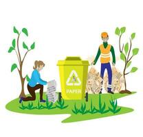 eco vriendelijk mensen vuilnis verzamelaar.man met afval.mensen soort vuilnis door type in containers voor recyclen. ecologie concept. vlak vector illustratie. zorg vuilnis scheiding mensen sorteren.