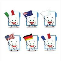 blauw manilla map tekenfilm karakter brengen de vlaggen van divers landen vector