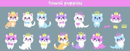 reeks schattig kleurrijk kawaii kittens vervelend kronen Aan roze achtergrond in vlak vector stijl.