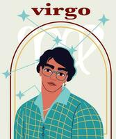 jong knap Mens portret. de vent met zwart haar, blauw shirt. astrologisch teken maagd. een concept van dierenriem teken. vector