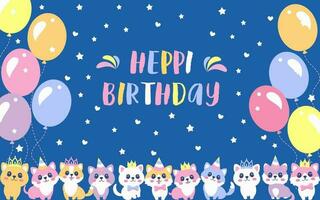 schattig puppy's en kittens in kronen en petten met ballonnen, sterren en harten. verjaardag groet, ansichtkaart. vector