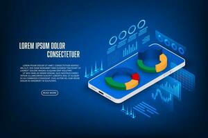 vector financiën en handel online toepassing concept. mobiele telefoon en diagram hologram isometrisch.