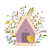 houten kleurrijk vogelhuisje met klein vogels. huis voor gevederde dieren. voorjaar tijd voor nestelen. sier- bladeren en bloemen Aan een geïsoleerd wit achtergrond. voorraad vector illustratie.