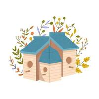 houten vogelhuisjes met bladeren en bloemen, kleurrijk vogel voeders in verschillend ontwerpen. vogelhuisjes, huis of nest met ronde, gebogen of hart gaten zoet huizen. tekenfilm vector voorraad illustratie.