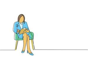 enkele doorlopende lijntekening zakenvrouw met klembord. vrouwelijke executive zitten in een fauteuil. vrouw die aantekeningen maakt. psychologisch consult. dynamische één lijn trekken grafisch ontwerp vectorillustratie vector