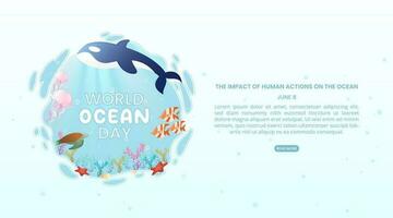 wereld oceaan dag achtergrond met dieren in oceaan leven illustratie vector