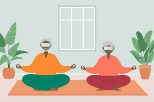 senior Mens en vrouw zitten met gekruiste benen en mediteren vervelend vr bril. oud Mens en vrouw maken ochtend- yoga of ademen opdrachten Bij huis. vector illustratie