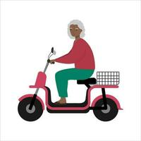 senior vrouw rijden modern elektrisch fiets scooter. stedelijk eco vervoer. geïsoleerd vector illustratie