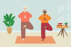 senior Mens en vrouw aan het doen yoga. oud Mens en vrouw beoefenen meditatie, sporten, houden actief gezond levensstijl. vector illustratie