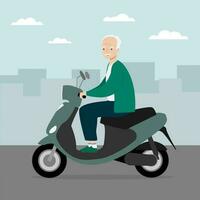 senior Mens op reis Aan modern motor scooter. oud Mens rijden elektrisch scooter in de stad. vector illustratie