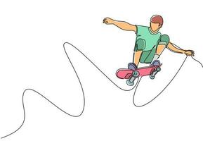enkele een lijntekening jonge coole skateboarder man skateboard rijden en een sprong truc doen in skatepark. extreme tienersport. gezonde sport levensstijl concept. ononderbroken lijntekening ontwerp vector