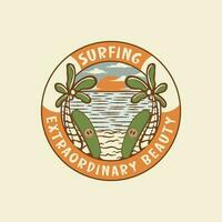 surfing avontuur wijnoogst insigne logo ontwerp. zomer uitstraling insigne ontwerp illustratie vector