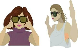 twee modieus Dames met zonnebril met divers hand- uitdrukkingen vector