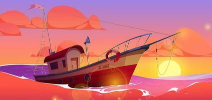tekenfilm boot drijvend in zee, zonsondergang achtergrond vector