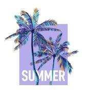 kleurrijke palmbomen met typografie zomer op een lila achtergrond. vectorsjabloon voor afdrukken op shirt, omslag, ansichtkaart. illustratie voor kleding, kleding, drukkerij vector