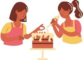 twee vrouw siert een taart, taart gemaakt Dames vector, ontwaken taart met vrienden, dochter bakken taart in moeder vector