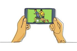 één enkele lijntekening voetbal of voetbalcompetitie live streaming op mobiele telefoon. man handen met smartphone en bekijk elke live voetbalwedstrijd online. doorlopende lijn tekenen ontwerp vectorillustratie vector