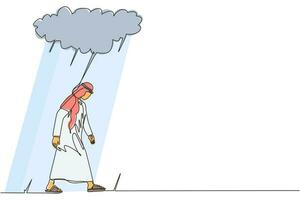 enkele lijntekening ongelukkig depressief triest Arabische zakenman in stress wandelen onder regenwolk. alleen verliezer mannelijke depressie. eenzaamheid bij bewolkt weer. doorlopende lijn ontwerp grafische vector