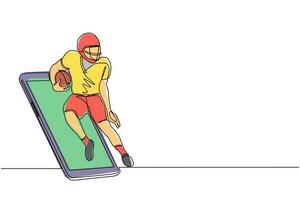 enkele doorlopende lijntekening American football-speler die uit het smartphonescherm komt. mobiele sportwedstrijden. online Amerikaanse voetbalspel mobiele app. één lijn tekenen ontwerp vector