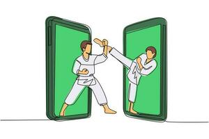 continu één lijntekening twee karatevechters komen uit de mobiele telefoon, klaar om te vechten. professionele karatevechters die staan te vechten om samen karate te beoefenen. enkele lijn tekenen ontwerp vector