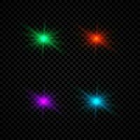licht effect van lens fakkels. reeks van vier groente, rood, Purper en blauw gloeiend lichten starburst Effecten met sparkles vector