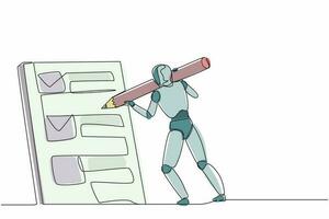 continue robots met één lijntekening staan en markeren checklist met groot potlood. humanoïde robot cybernetisch organisme. toekomstig robotica ontwikkelingsconcept. enkele lijn ontwerp vector grafische afbeelding