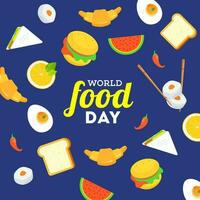 wereld voedsel dag poster of sjabloon ontwerp versierd met voedsel elementen zo net zo hamburger, watermeloen, citroen, croissant, belegd broodje en gekookt ei Aan blauw achtergrond. vector