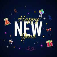 gelukkig nieuw jaar tekst met sticker stijl geschenk doos, ballonnen, partij hoed, cocktail glas en confetti versierd Aan blauw achtergrond. vector