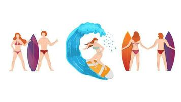 surfing Mens en vrouw in verschillend werkzaamheid. vector