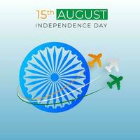 15e augustus, onafhankelijkheid dag poster of sjabloon ontwerp met Ashoka wiel en papier besnoeiing vliegtuig in Indisch driekleur. vector