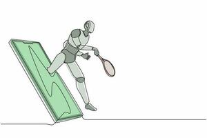 enkele doorlopende lijntekeningrobot komt uit de mobiele telefoon en doet jump smash met badmintonracket. robotica kunstmatige intelligentie technologie. elektronische technologie. één lijn ontwerp vector