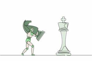 doorlopende robots met één lijntekening die een ridderschaakstuk vasthouden om het koningsschaak te verslaan. humanoïde robot cybernetisch organisme. toekomstige ontwikkeling van robotica. enkele lijn tekenen ontwerp vector grafische afbeelding