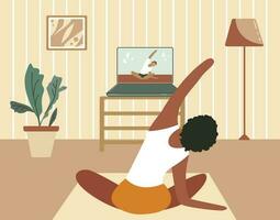 meisje oefenen Bij huis en aan het kijken online tutorials Aan laptop. modern illustratie van een vrouw aan het doen yoga in de leven kamer. pilates online klas, Cursus, quarantaine. illustratie voor web platform vector