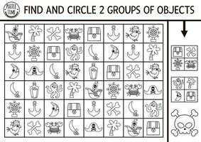 piraat zwart en wit zoeken en vind spel met traditioneel symbolen. aandacht vaardigheden opleiding puzzel met borst, schip. afdrukbare werkzaamheid voor kinderen. schat eiland zoeken puzzel of kleur bladzijde vector