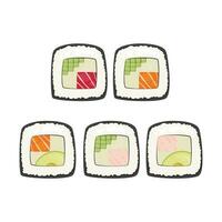 sushi rollen reeks vector illustratie. Japans illustratie, Aziatisch voedsel set. Japans voedsel concept.